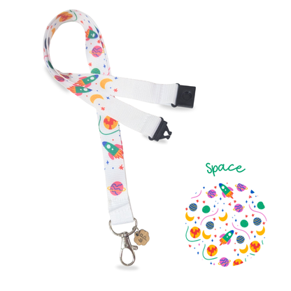 teacher Lanyard with space-themed design on a white background