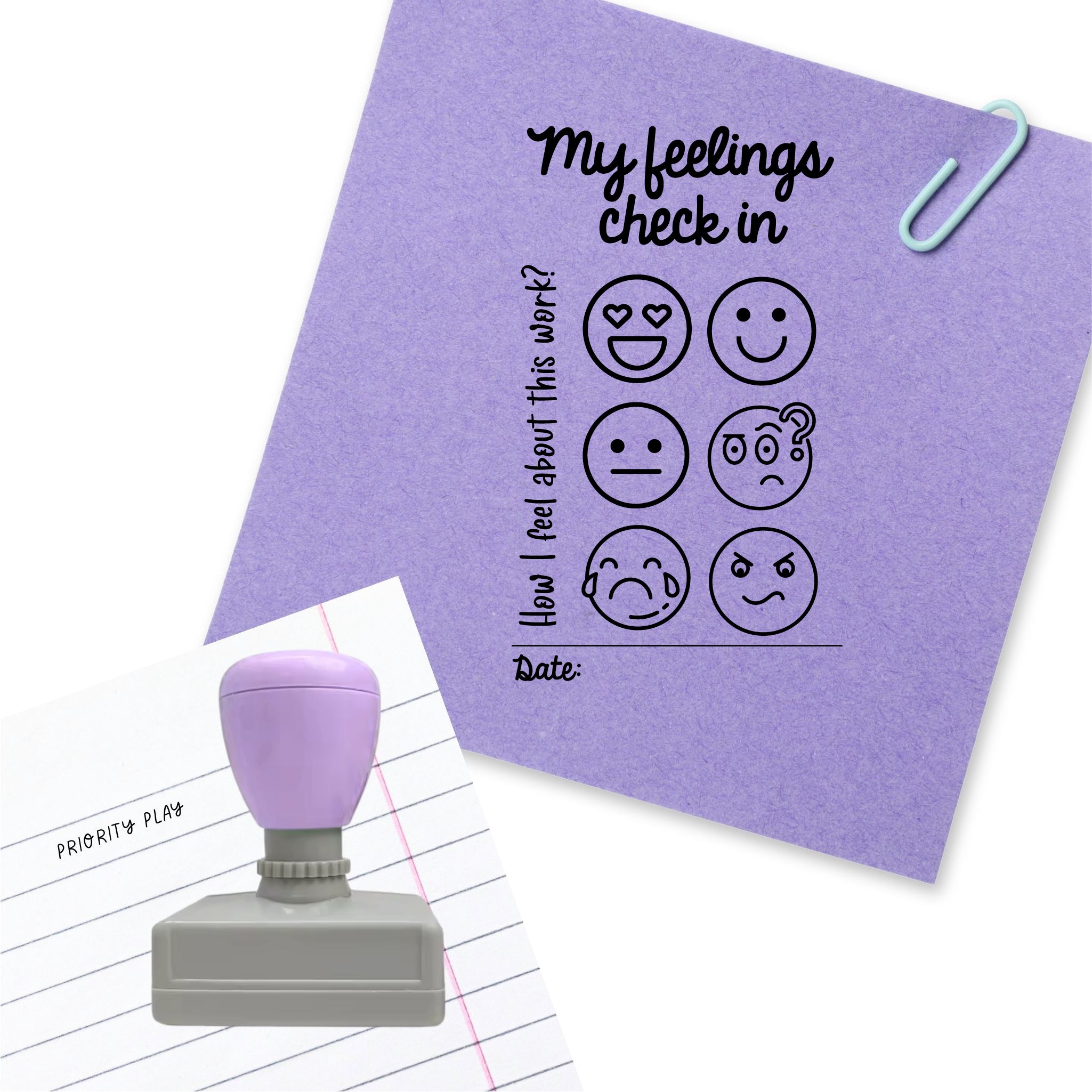 Rectangular stamp titled “My feelings check in” with six expressive faces representing emotions, space for the student response and date area.