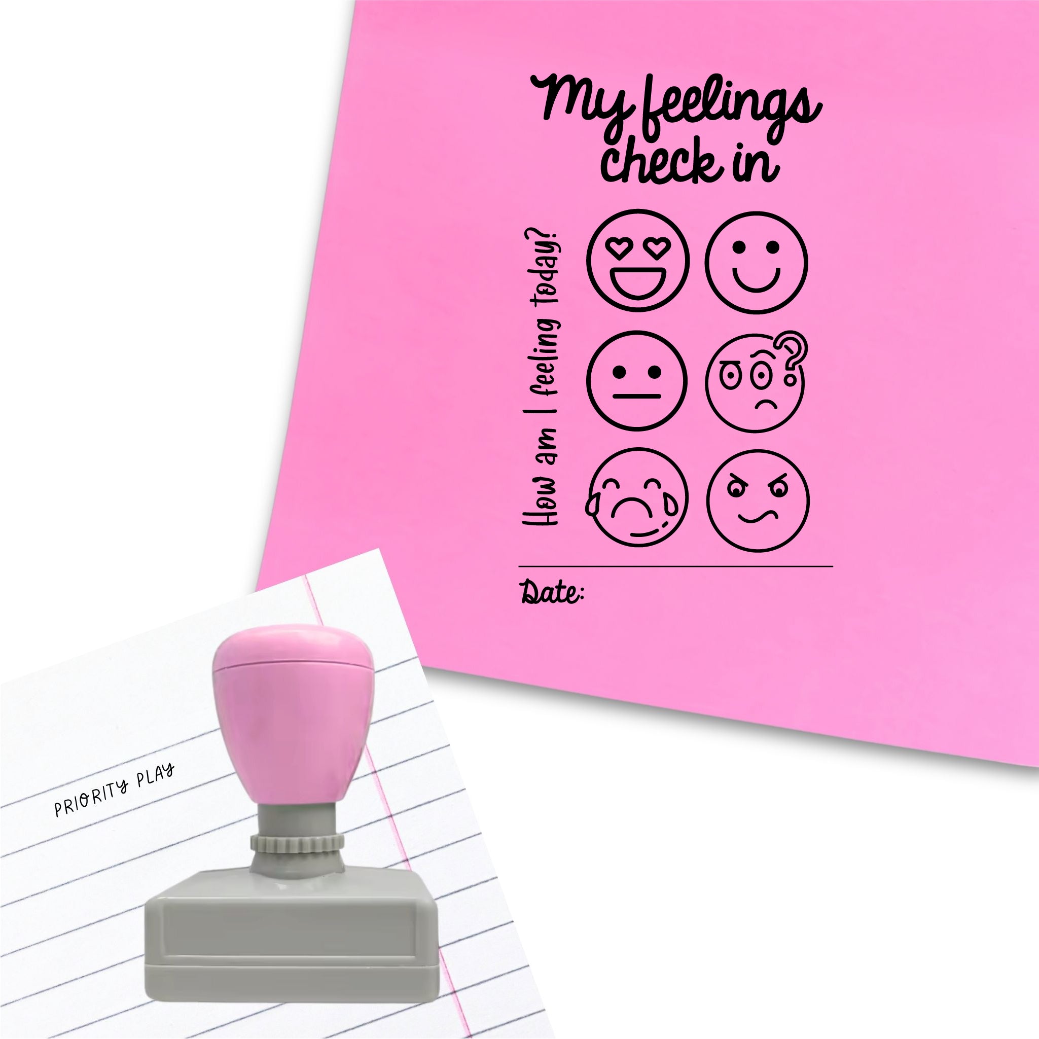 A rectangular emotional check-in teacher stamp showing six illustrated faces with “How am I feeling today?” and date field.