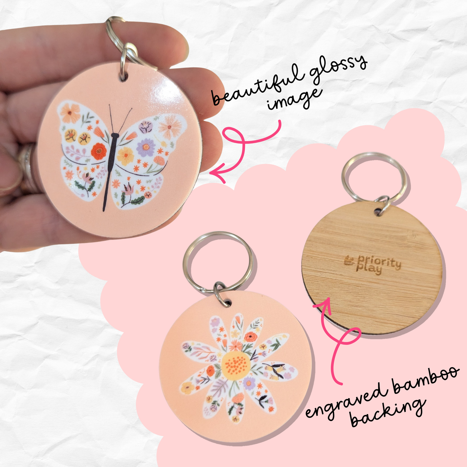 Floral butterfly keyring with engraved bamboo backing – a beautiful glossy design by Priority Play.