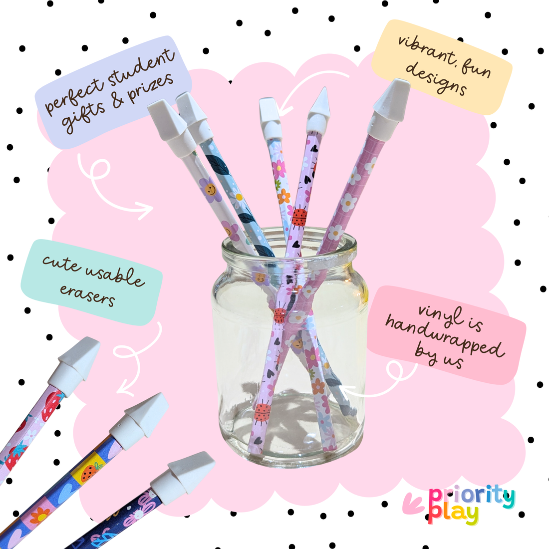Floral vinyl wrapped pencils in a glass jar featuring ladybirds, daisies, and pastel flowers – cheerful stationery gift set for kids.