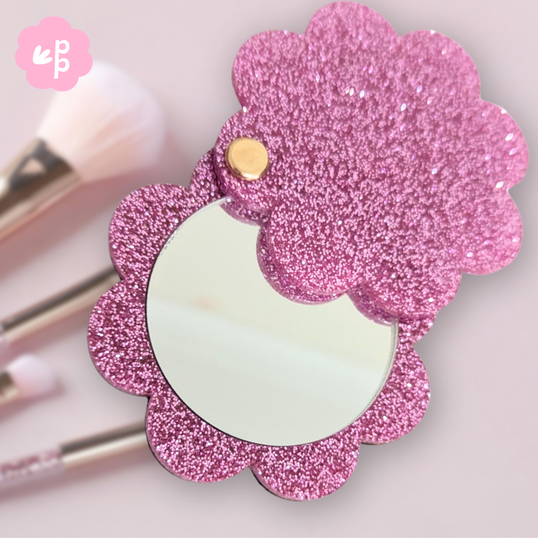 Pink glitter flower compact mirror with bamboo backing, cute purse mirror for teachers and everyday touch ups by Priority Play