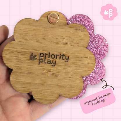 Flower glitter acrylic pocket mirror with bamboo backing and gold hardware, compact mirror for teachers and everyday use by Priority Play