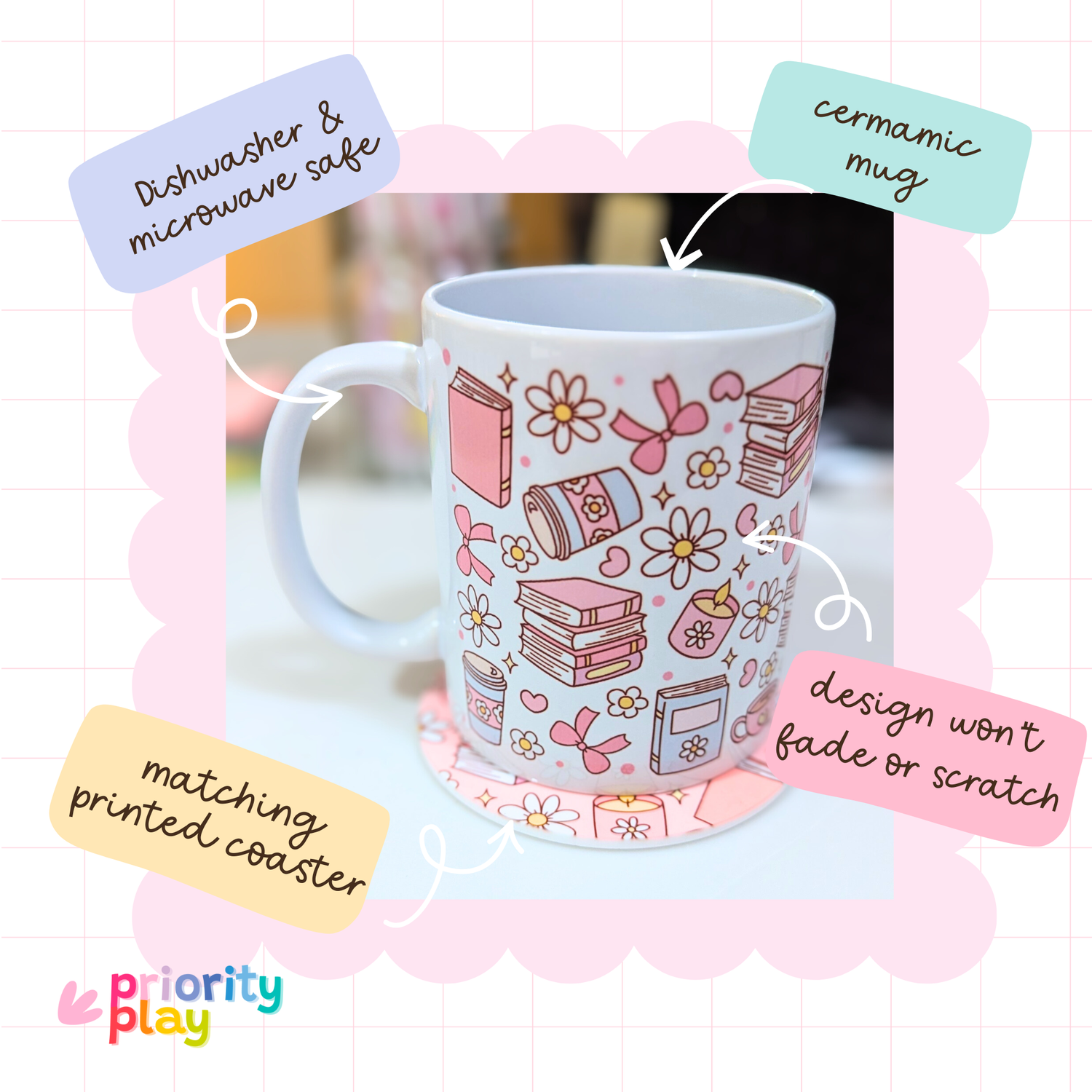 Flatlay of pink books and coffee themed ceramic mug with matching printed coaster by Priority Play.