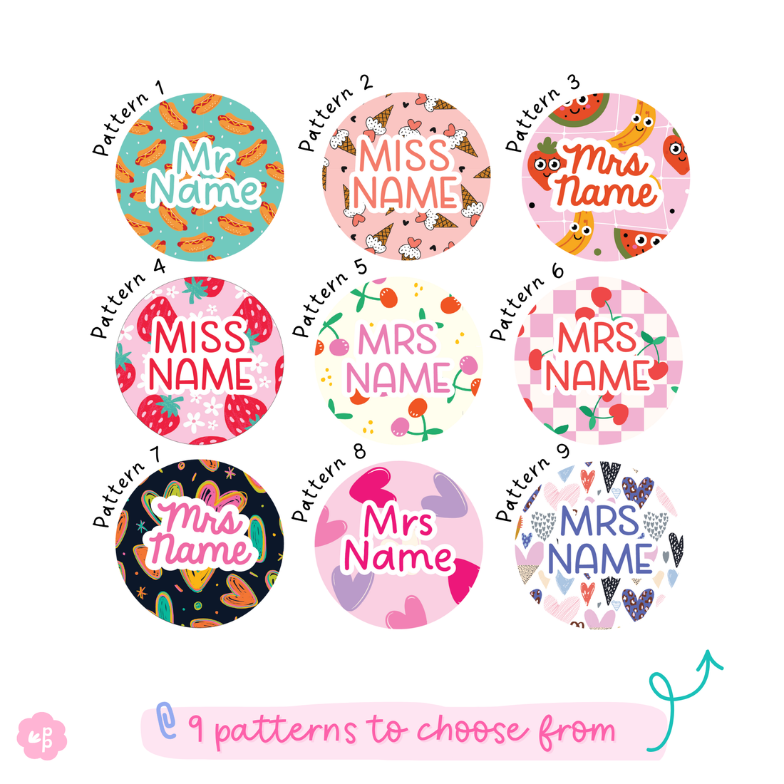 9 heart and food patterns for personalised lanyards on a white background