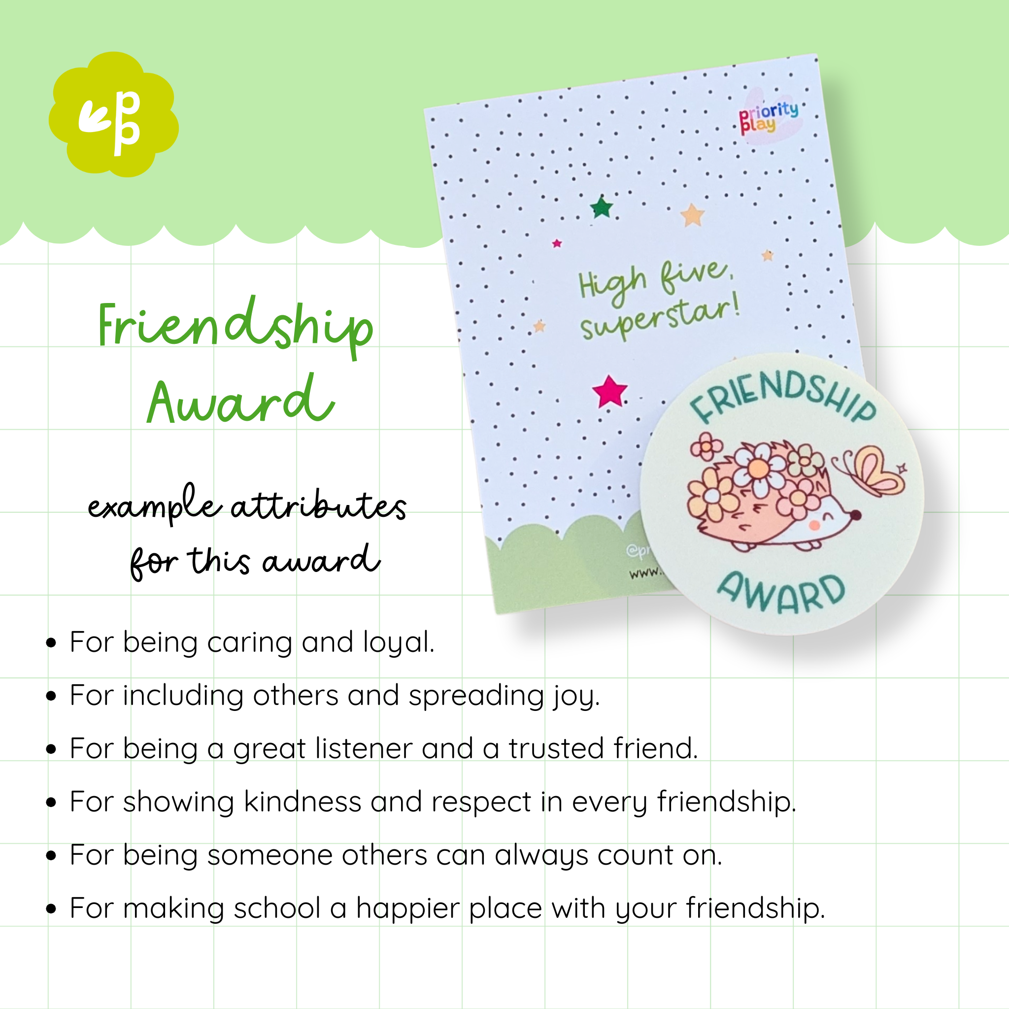 Friendship Award badge from Priority Play featuring a cute hedgehog design and attributes for caring, loyalty, and kindness, perfect for classroom recognition.