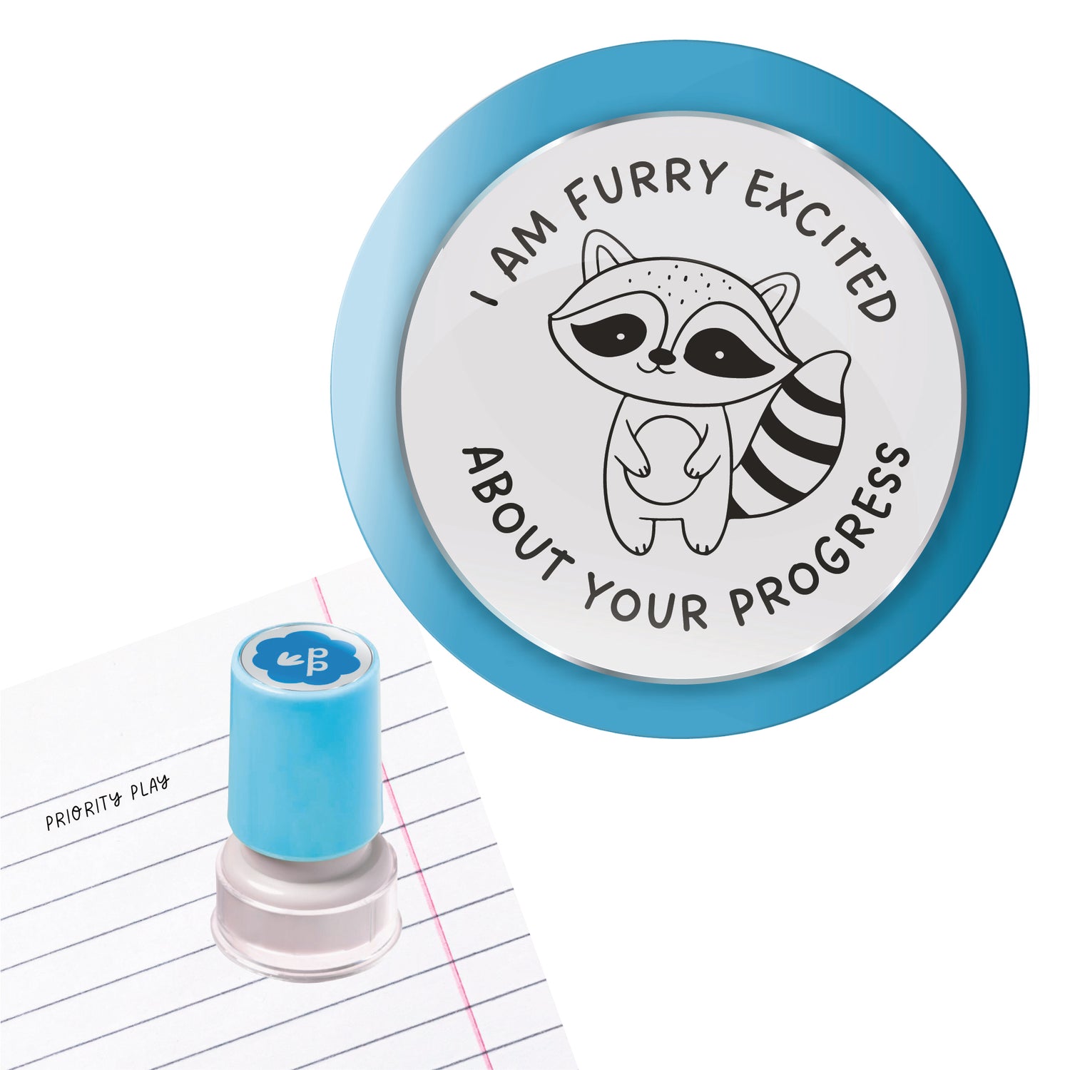 A cute raccoon standing with the text “I am furry excited about your progress” on a teacher stamp.
