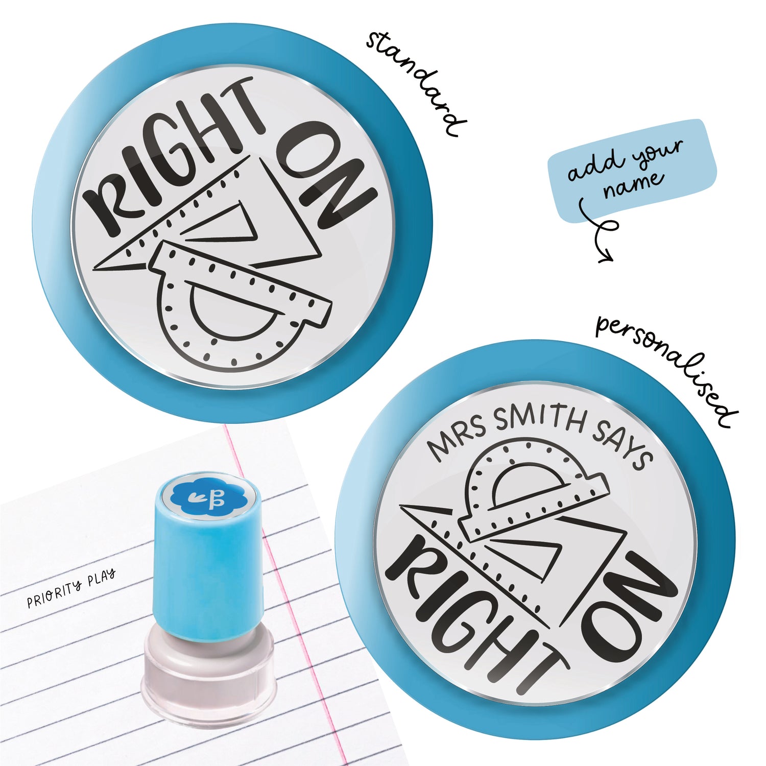 Geometry teacher stamp featuring a protractor and set square with the phrase ‘Right on!