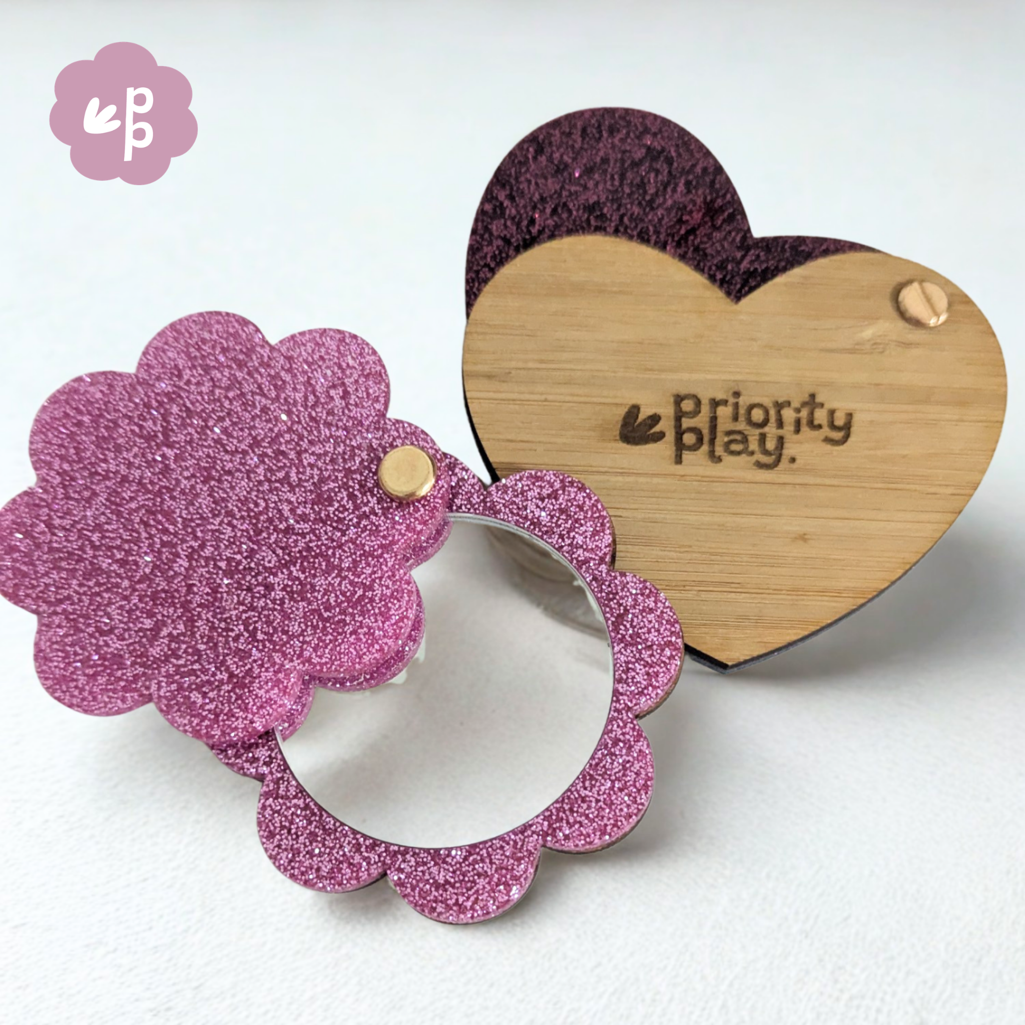 Glitter pocket mirrors set with flower and heart designs featuring engraved bamboo backing, cute teacher gift by Priority Play