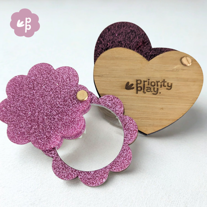 Glitter pocket mirrors set with flower and heart designs featuring engraved bamboo backing, cute teacher gift by Priority Play