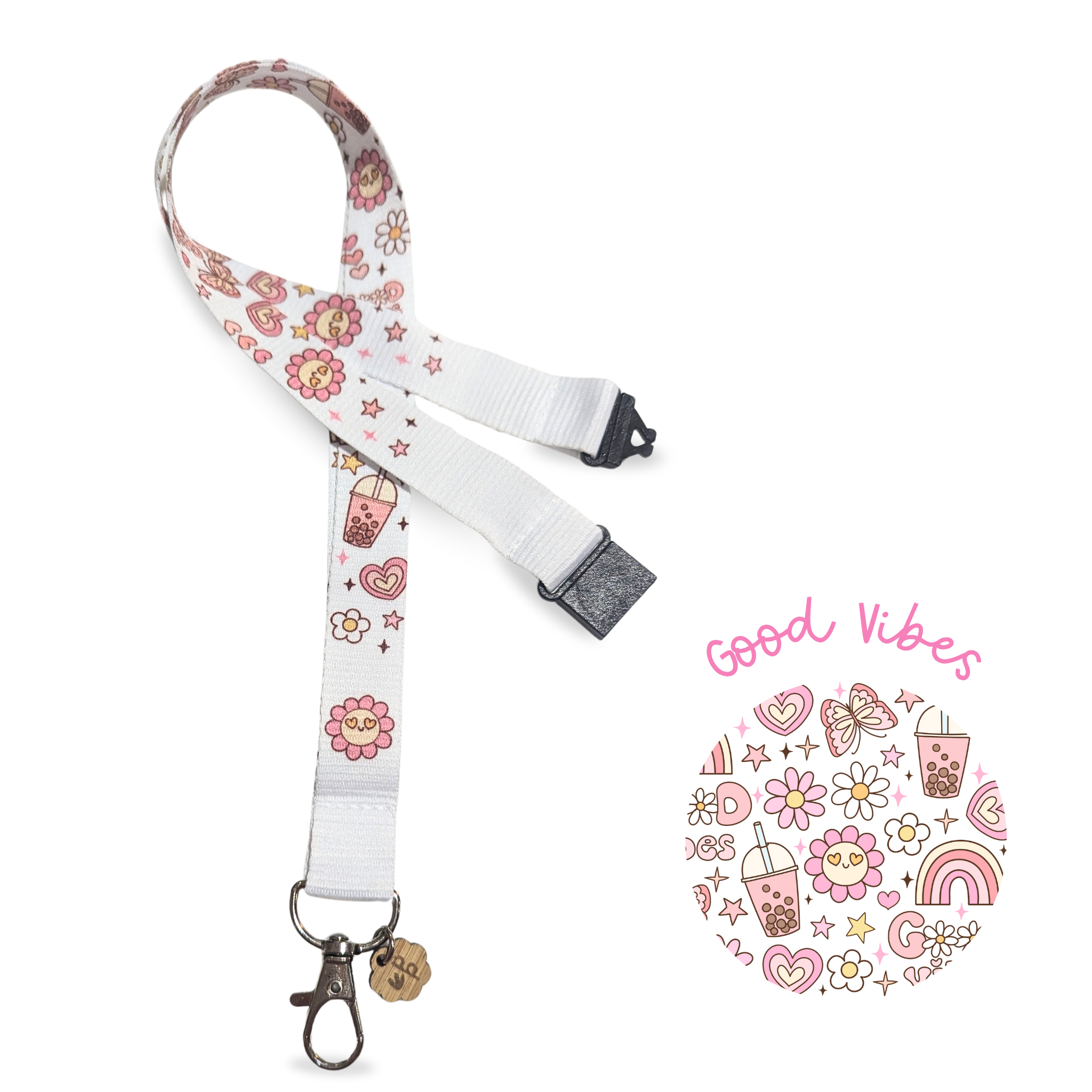Lanyard with floral and drink designs on a white background