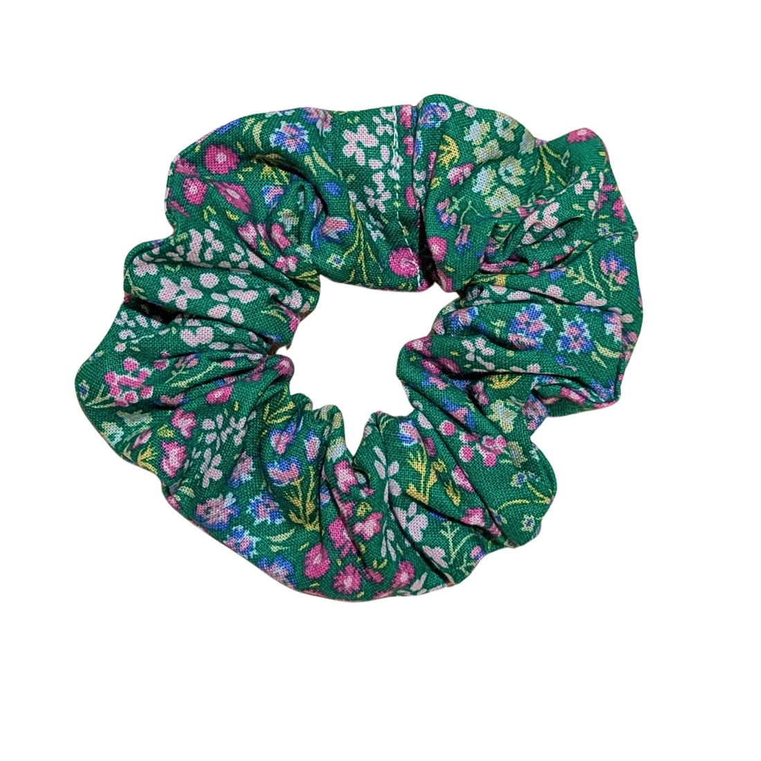 Handmade green scrunchie with pink and purple flower print