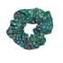 Handmade green scrunchie with pink and purple flower print