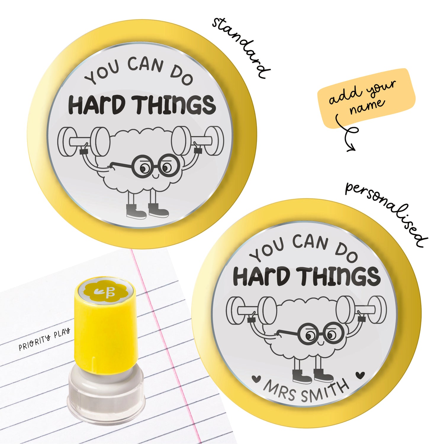 Growth mindset teacher stamp featuring a brain lifting weights and the words you can do hard things.
