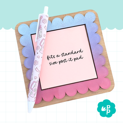 Hand-painted gradient acrylic and bamboo Post-it note holder shown with standard sticky note pad and matching pen – handmade by Priority Play.