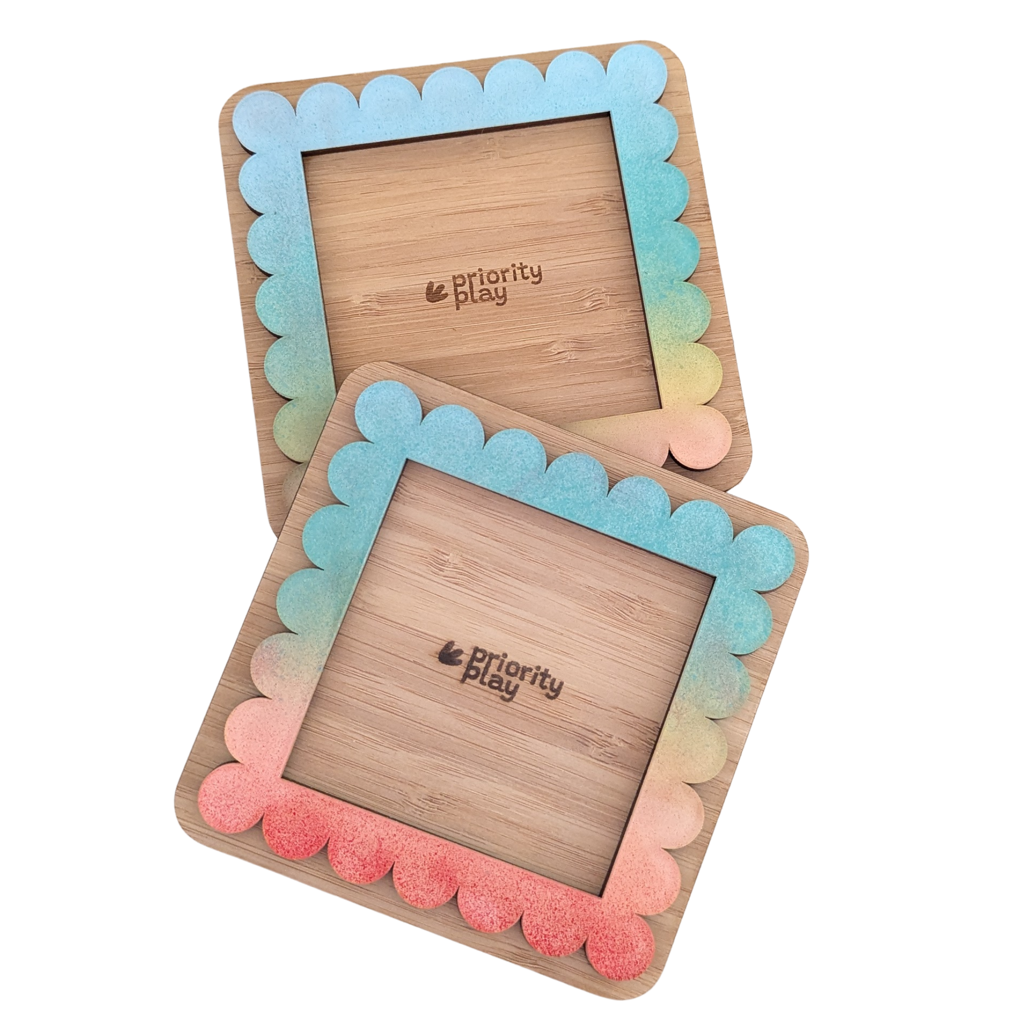 Hand-painted Citrus Splash bamboo Post-It note holder with a gradient acrylic frame in coral, aqua, and yellow — fun and functional handmade stationery by Priority Play.