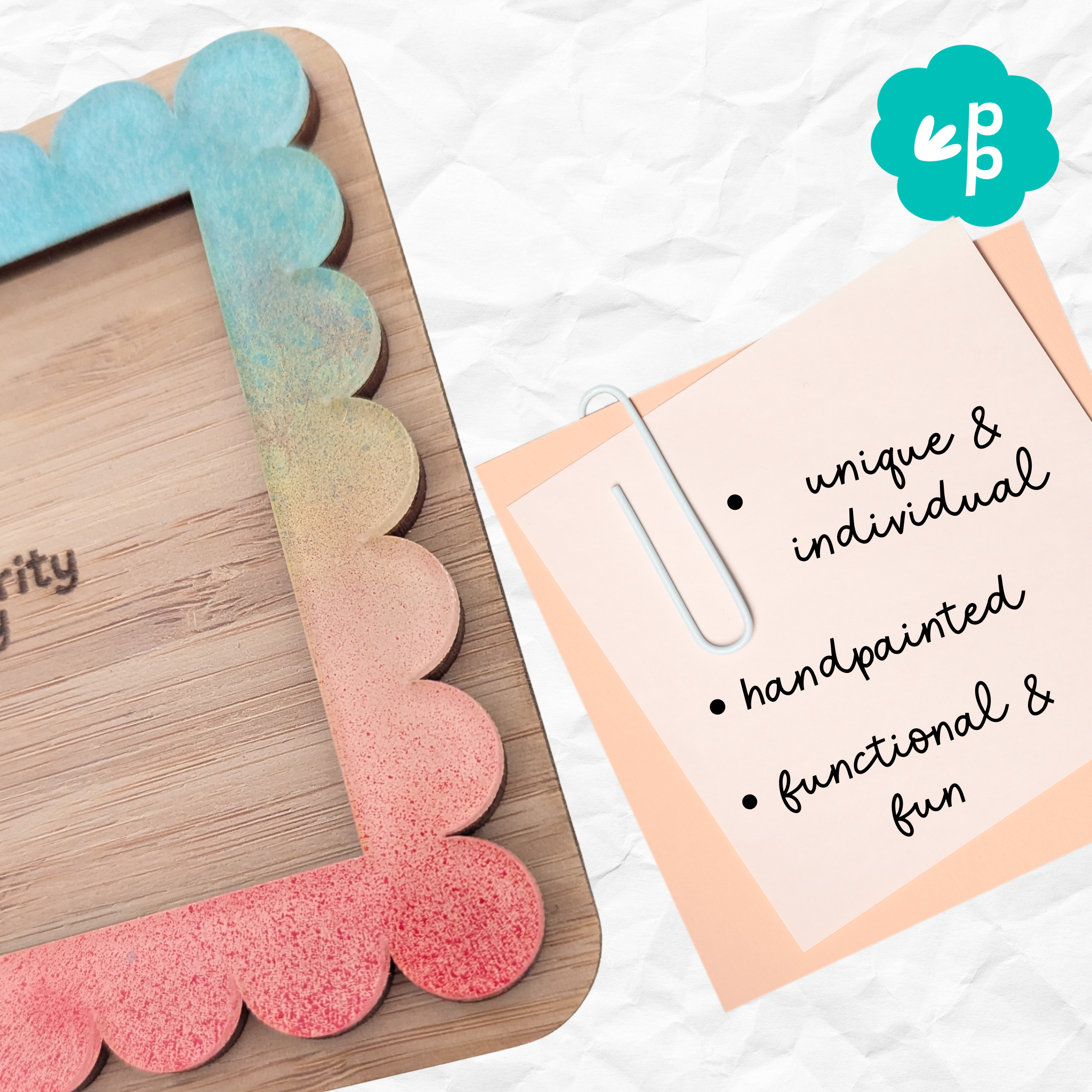 Hand-painted Citrus Splash bamboo Post-It note holder featuring coral, aqua and yellow gradient acrylic — bright handmade stationery for creative desks by Priority Play.
