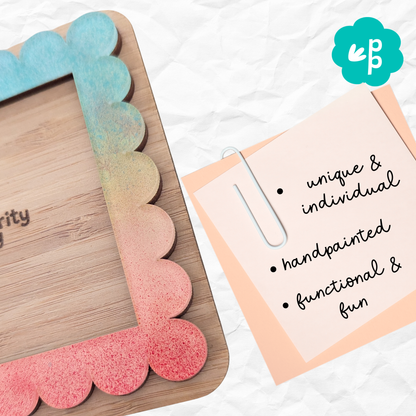 Hand-painted Citrus Splash bamboo Post-It note holder featuring coral, aqua and yellow gradient acrylic — bright handmade stationery for creative desks by Priority Play.