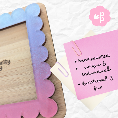 Cotton Candy colourway bamboo Post-It note holder with pastel purple-to-blue gradient acrylic frame — handmade sustainable stationery piece by Priority Play.