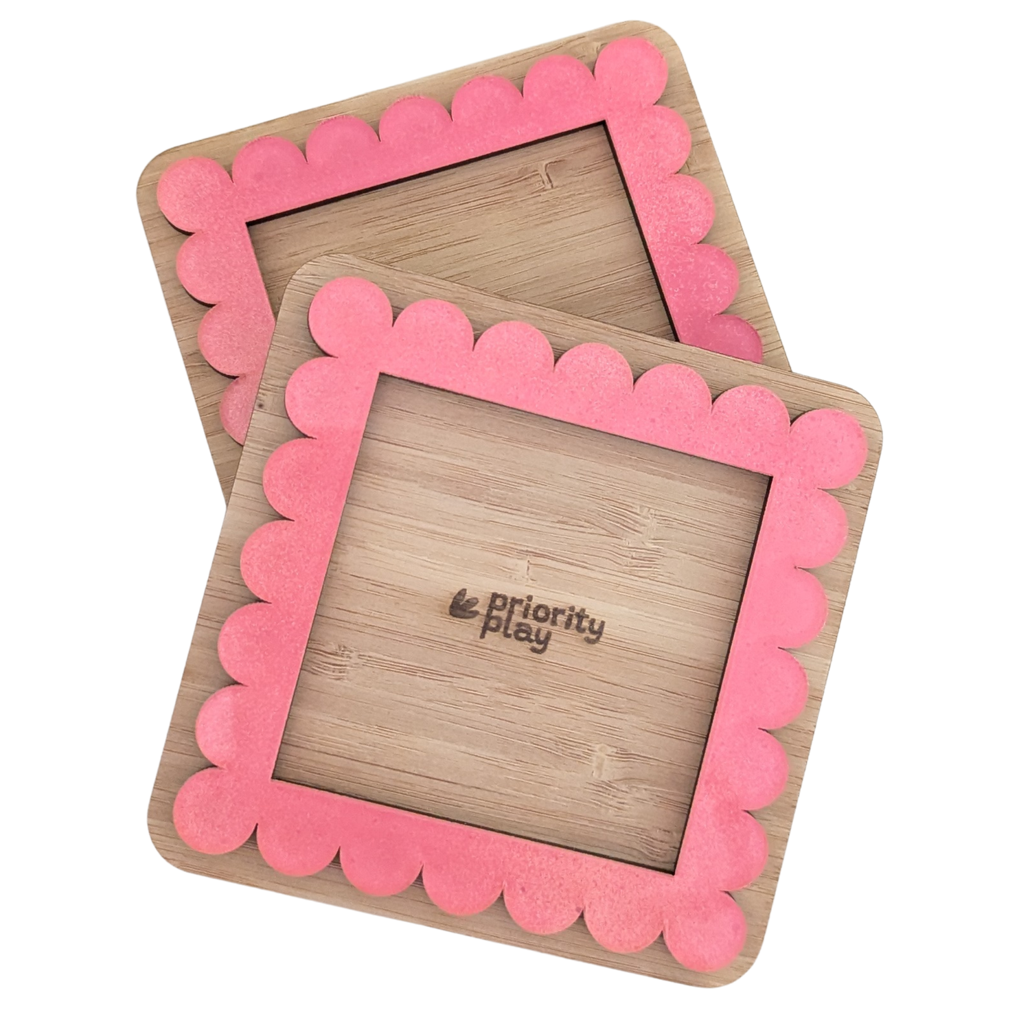 Vibrant pink handmade Post-It note holder crafted from bamboo and acrylic — an eco-conscious, fun stationery gift idea from Priority Play.