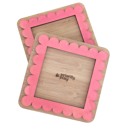 Vibrant pink handmade Post-It note holder crafted from bamboo and acrylic — an eco-conscious, fun stationery gift idea from Priority Play.