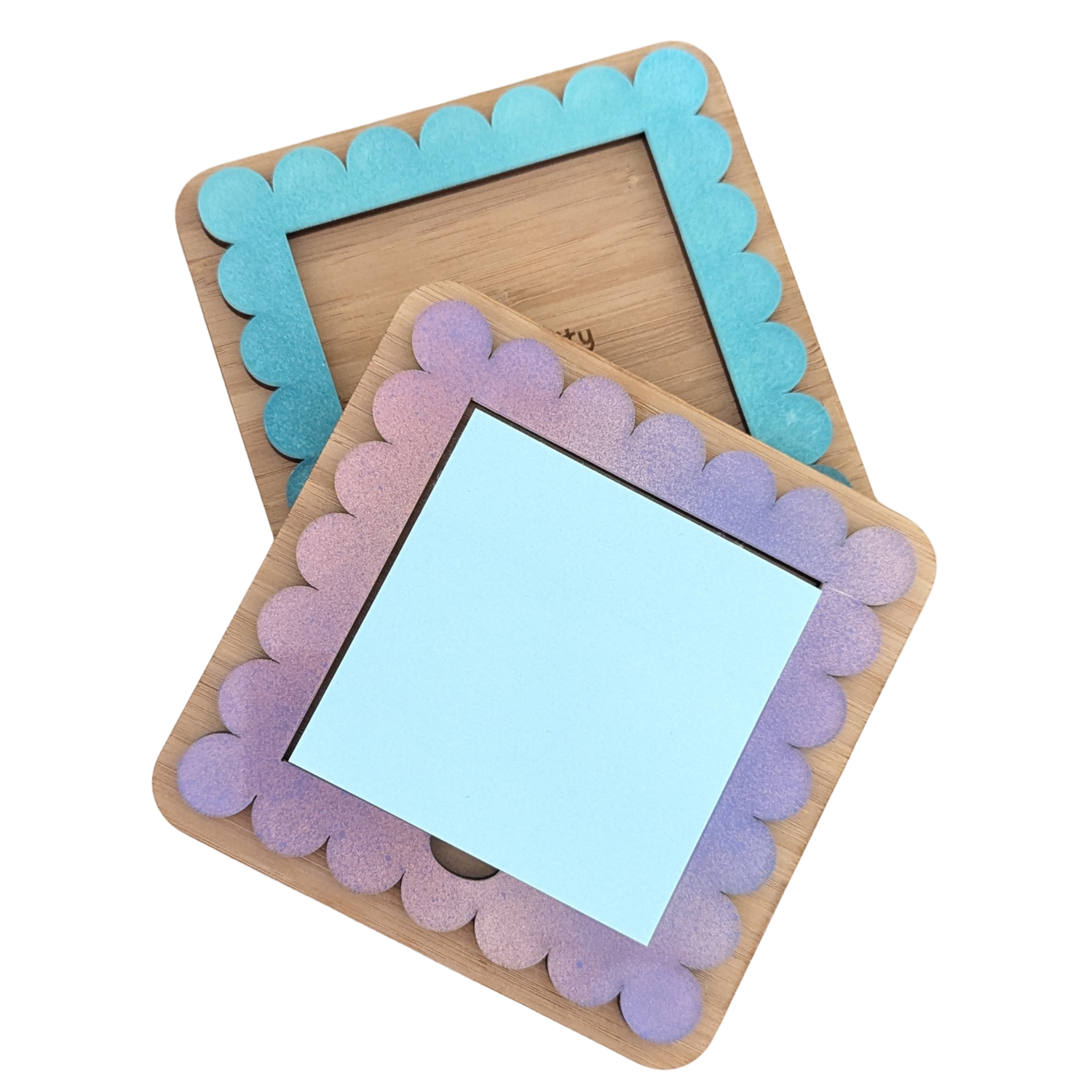 Handmade bamboo Post-It note holder with a hand-painted purple acrylic scalloped frame, made by Priority Play.
