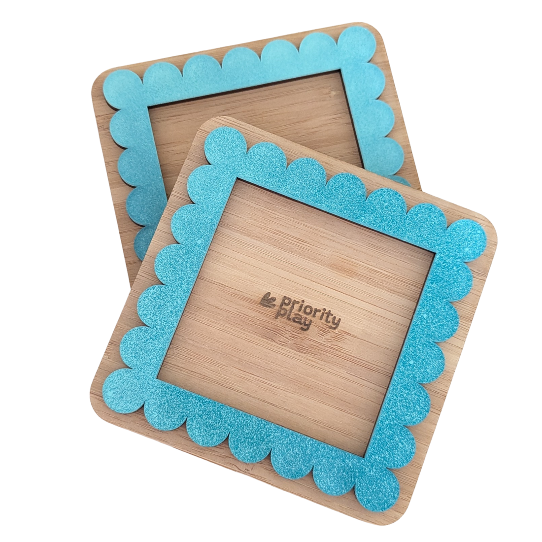 Teal hand-painted acrylic and bamboo Post-It note holder with a scalloped edge design, handmade by Priority Play.