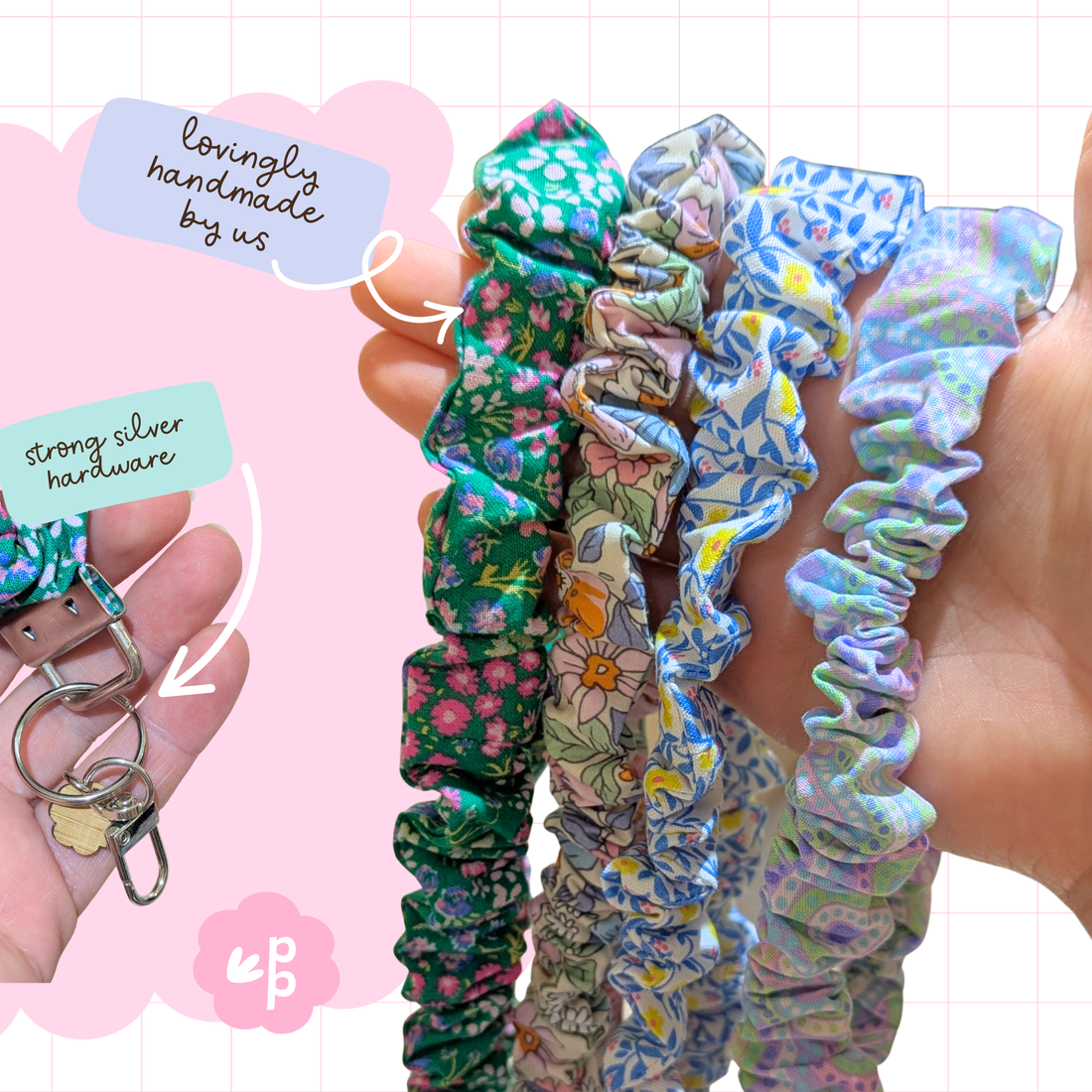 Handmade keychain lanyard for teachers with green, blue, and purple floral fabric designs and strong silver hardware.