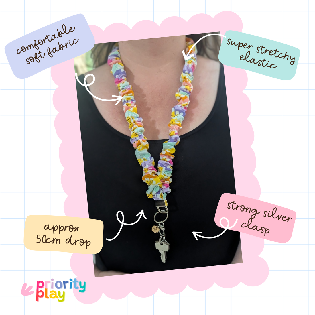 Handmade colorful fabric lanyard for teachers featuring soft stretchy material, strong silver clasp, and comfortable 50cm drop, perfect for holding keys or ID badges