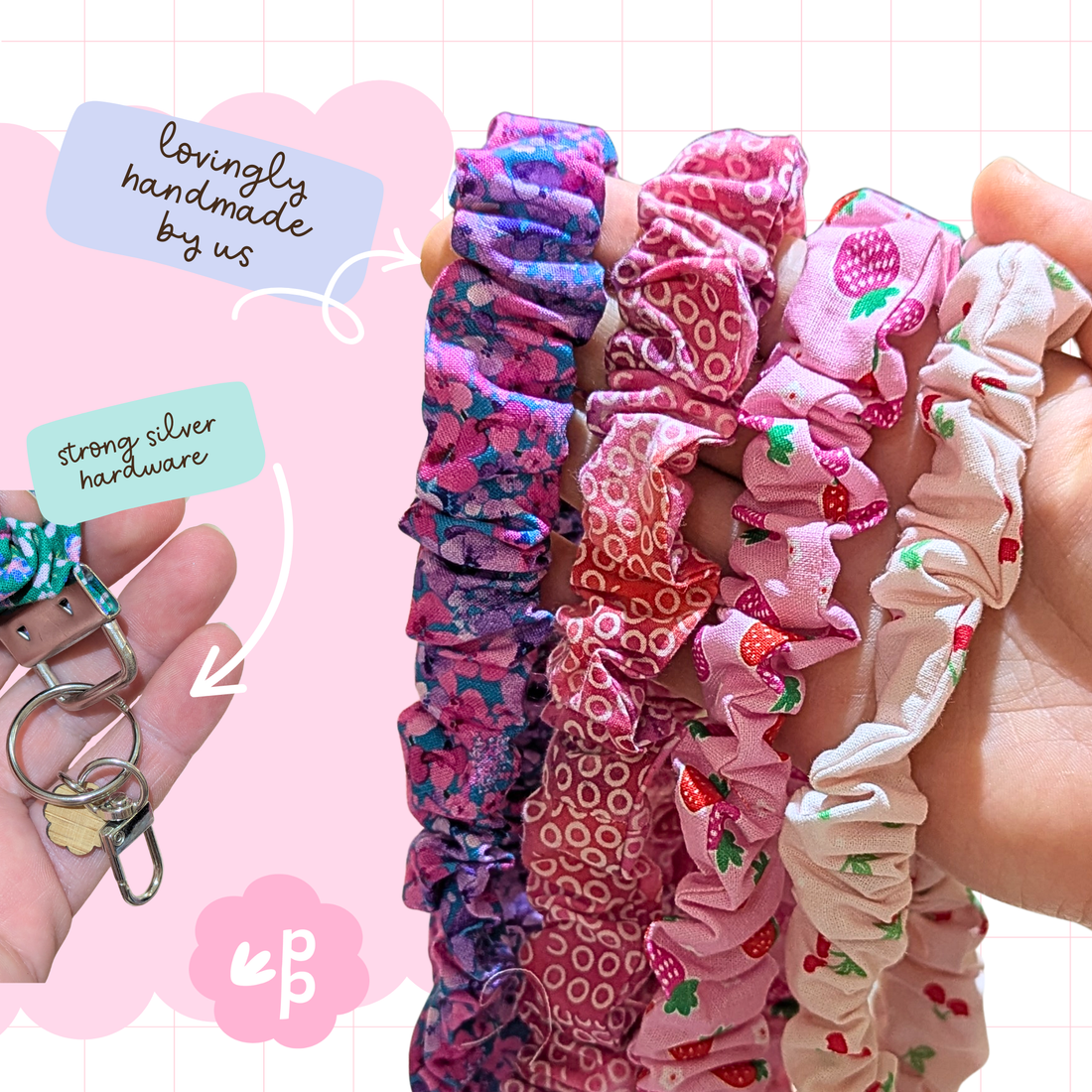 Handmade fabric key fob lanyards for teachers in pink and purple floral and strawberry prints with strong silver hardware