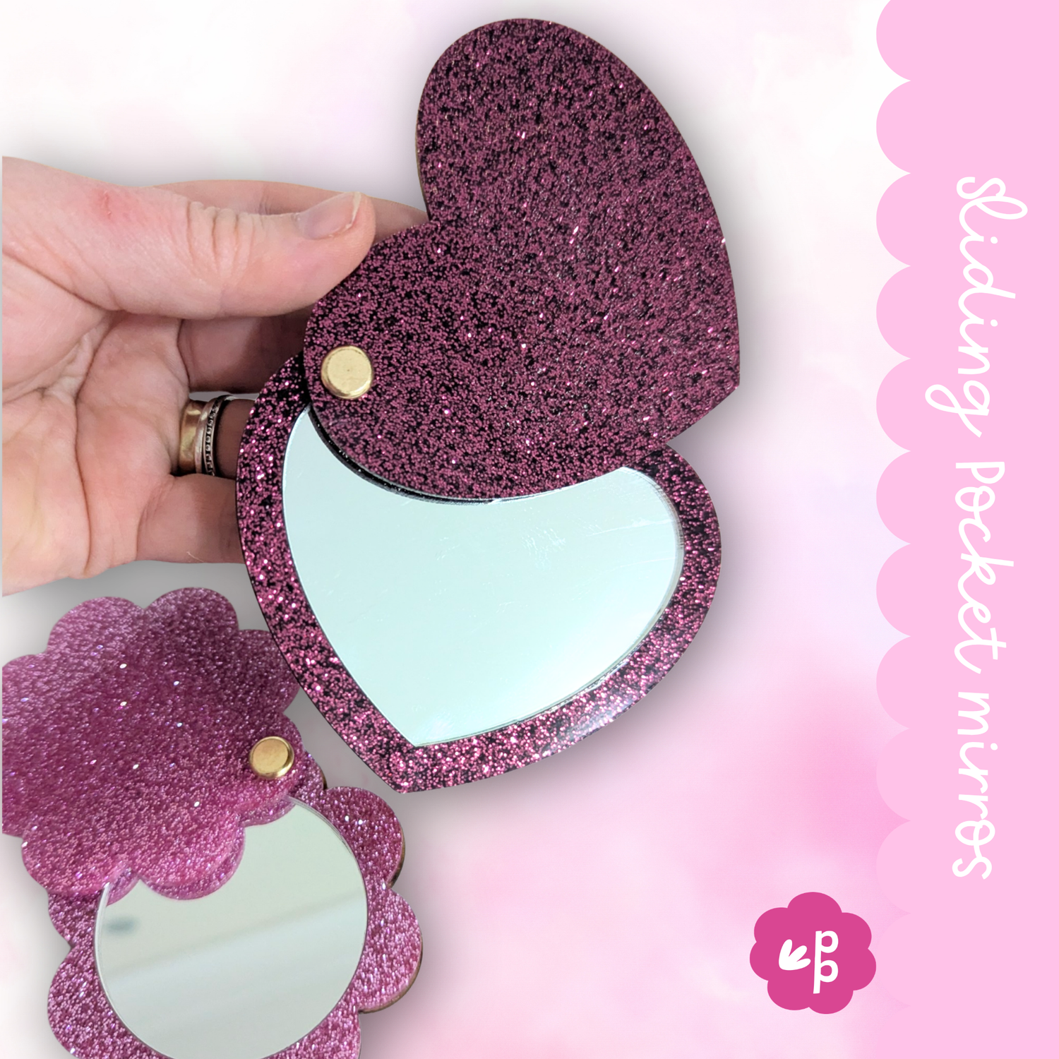 Hand holding heart shaped glitter compact mirror with bamboo backing, portable mirror for handbag or teacher use by Priority Play