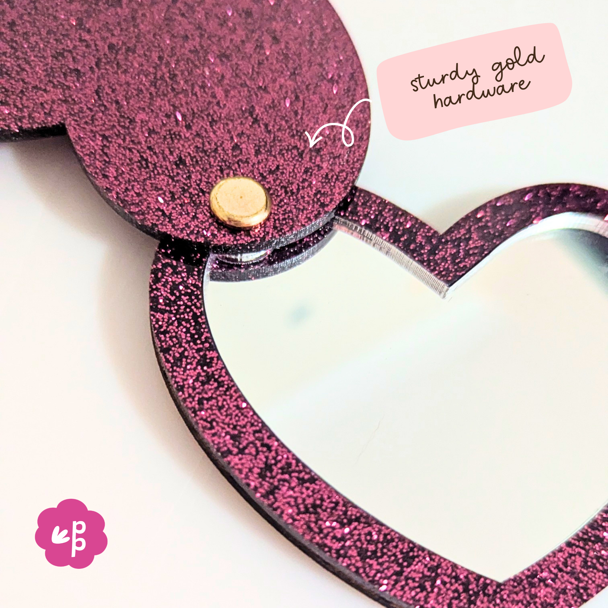 Heart glitter acrylic pocket mirror with bamboo backing and gold hardware, compact mirror gift for teachers by Priority Play