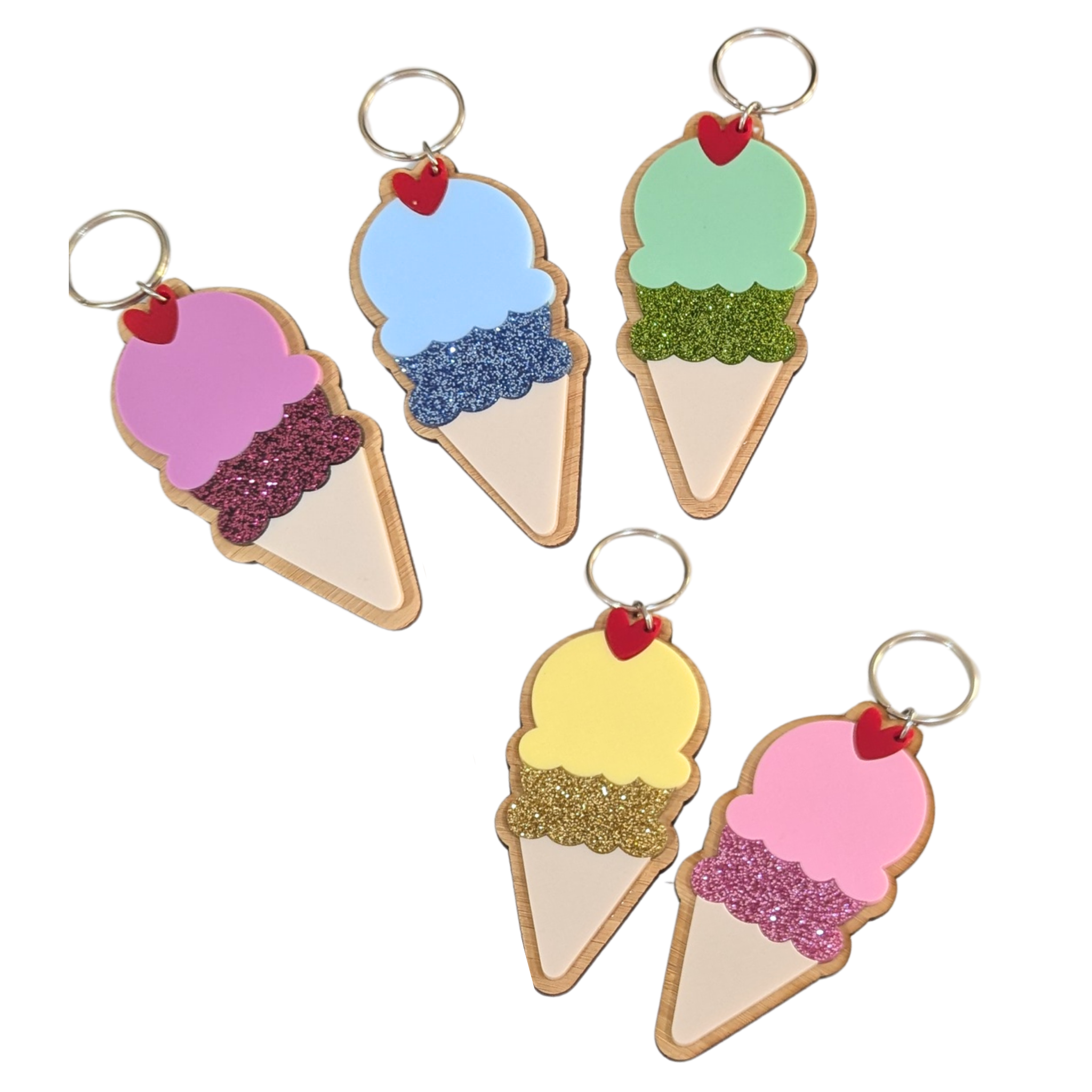 Colourful handmade ice cream keyrings with bamboo backing and glitter scoops by Priority Play — fun teacher or student gift.