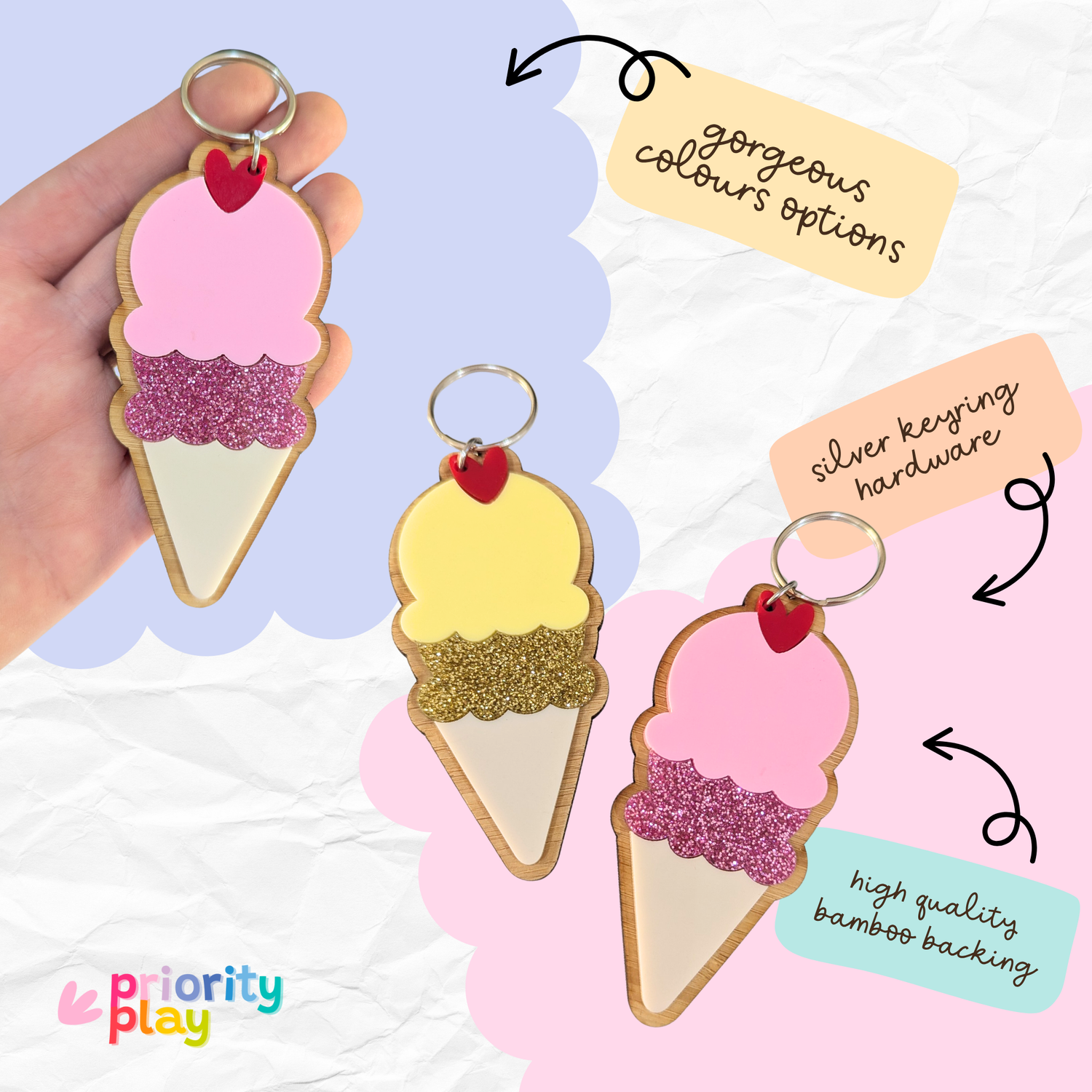 Glitter ice cream cone keyrings with bamboo base and silver hardware by Priority Play — cute and colourful accessory