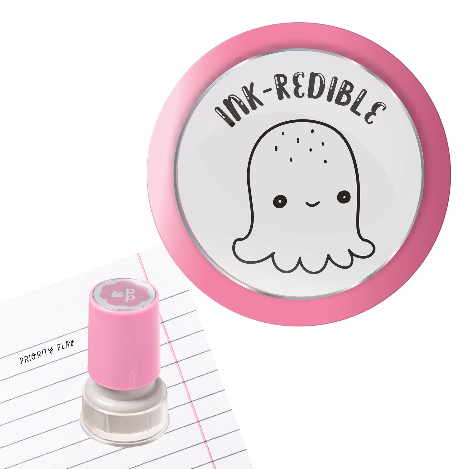 A smiling octopus character with the text “ink-redible” on a circular teacher stamp.
