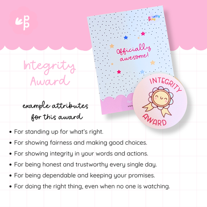 Integrity Award badge from Priority Play with a smiling rosette design, celebrating honesty, fairness, and doing the right thing in school.