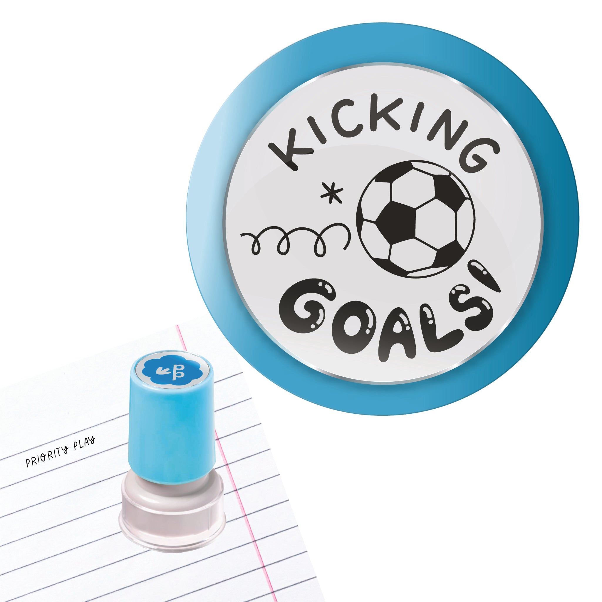 A teacher stamp with a soccer ball bouncing and the encouraging phrase “Kicking Goals!