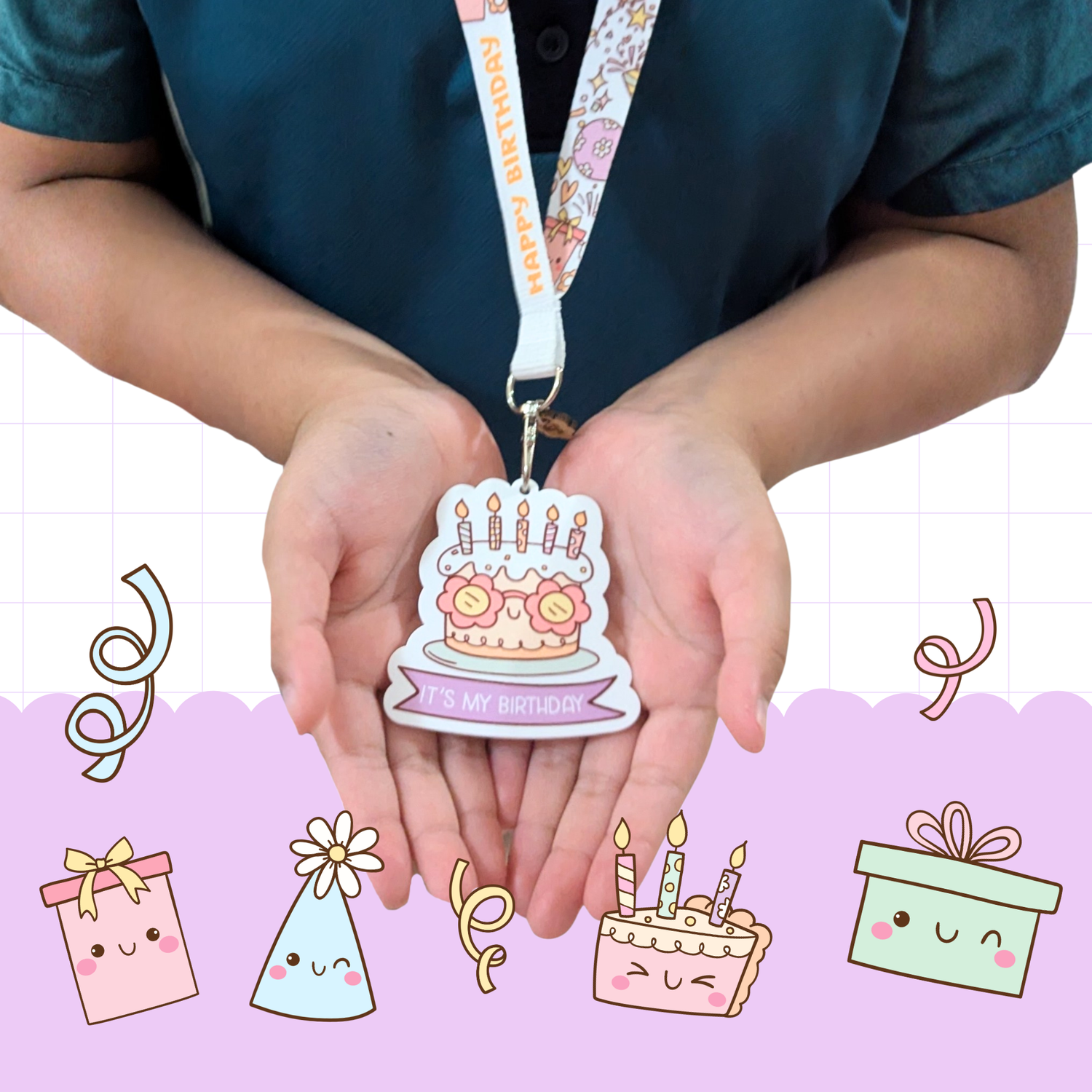 Child holding It’s My Birthday lanyard featuring cute pink cake design by Priority Play