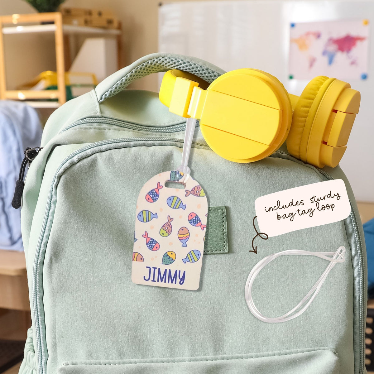 Personalised kids bag tag attached to backpack with clear loop, custom name luggage tag for school bags by Priority Play