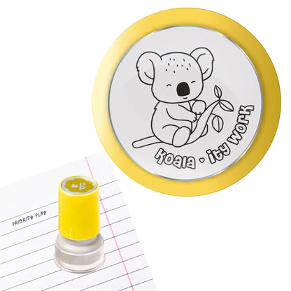 A cute koala holding a eucalyptus branch with the text “koala-ity work” on a teacher stamp.
