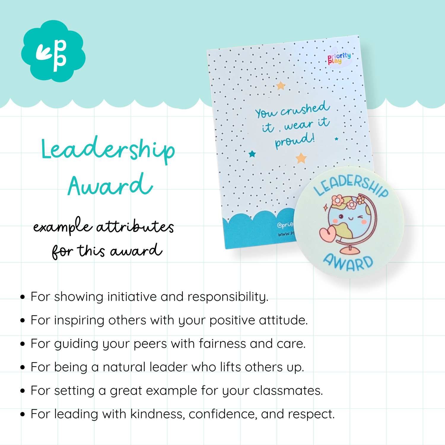Leadership Award badge from Priority Play with a globe illustration, celebrating students who show initiative, responsibility, and inspire others.