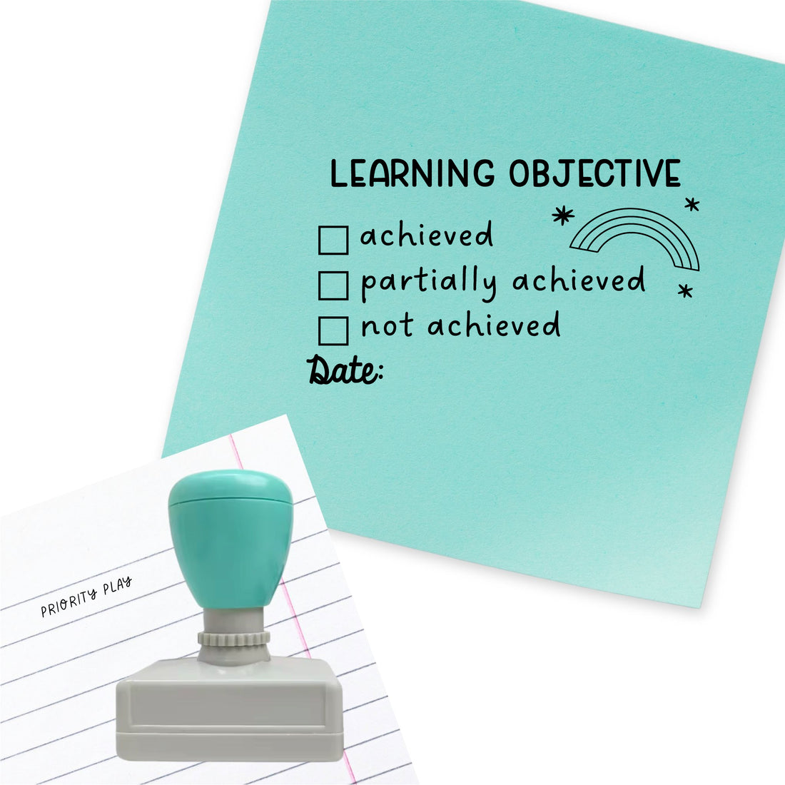 Rectangular stamp featuring “Learning Objective” with check boxes for achieved, partially achieved and not achieved, with rainbow illustration and date line.