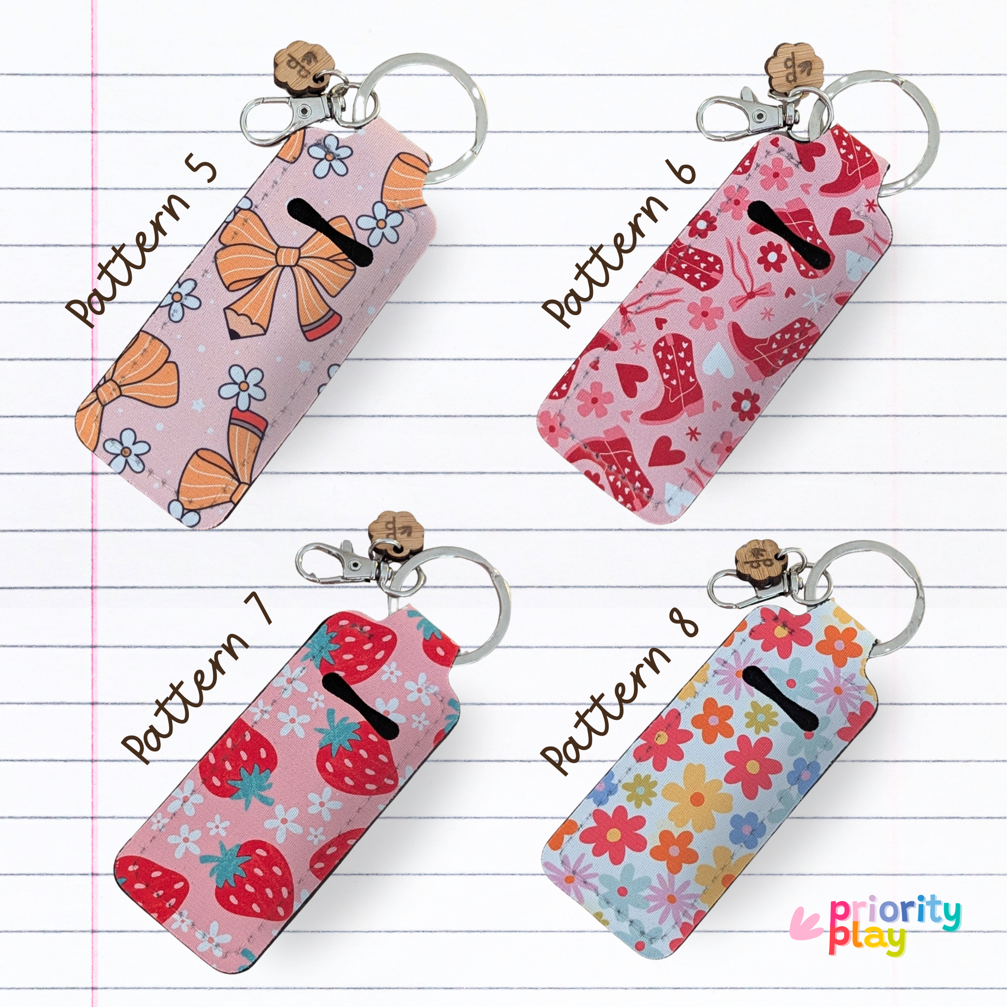 Adorable lip gloss holders with pink bow, strawberry, floral and boot patterns, designed as stylish keychain lip balm pouches by Priority Play.