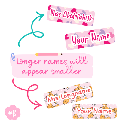 name badges with patterns showing longer names and sizing on the patterned magnetic badges on a white background.