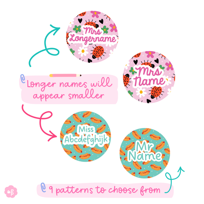 personalised name options showing longer names and shorter names on patterns