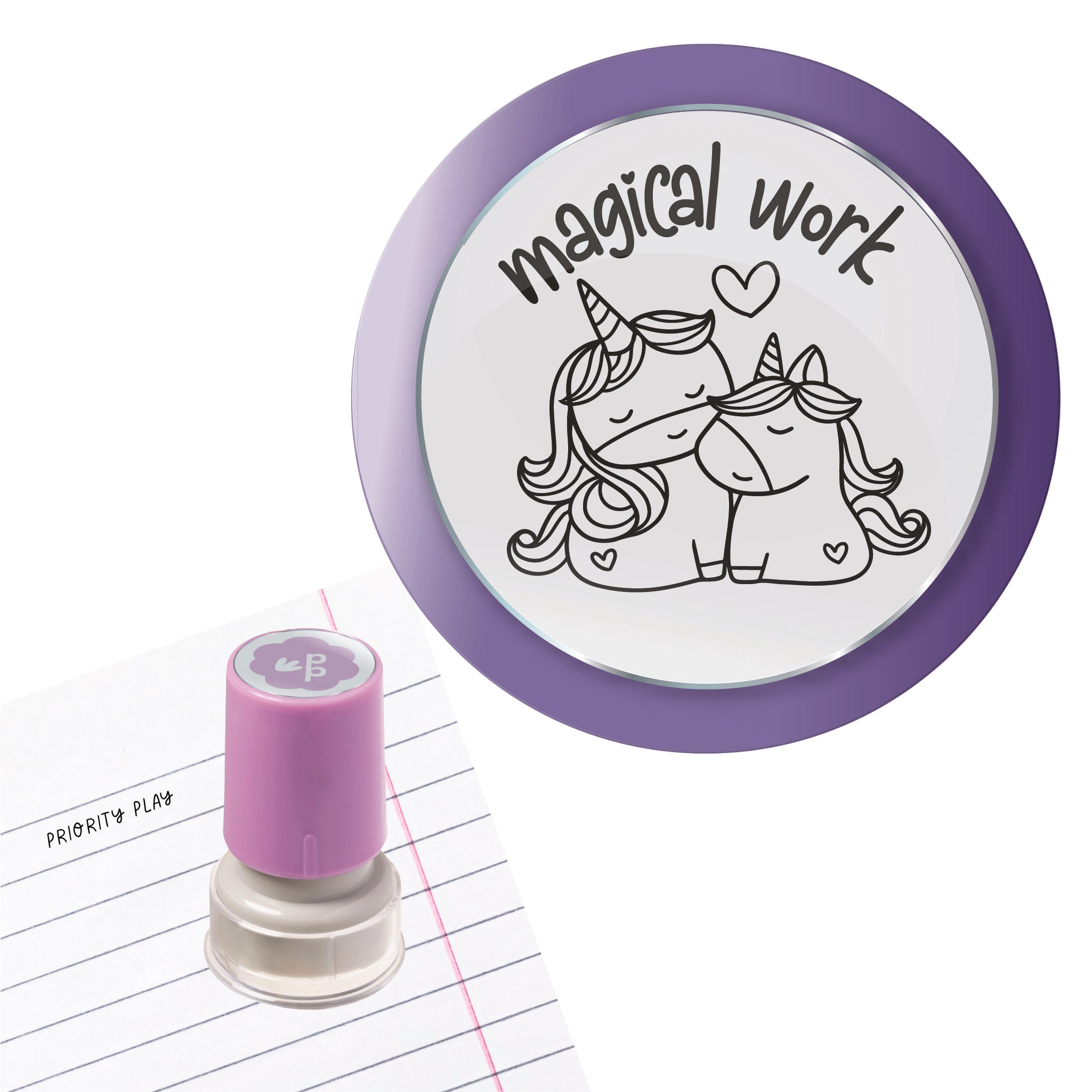 Two sweet unicorn characters cuddling with a heart and the words “magical work” on a teacher stamp.

