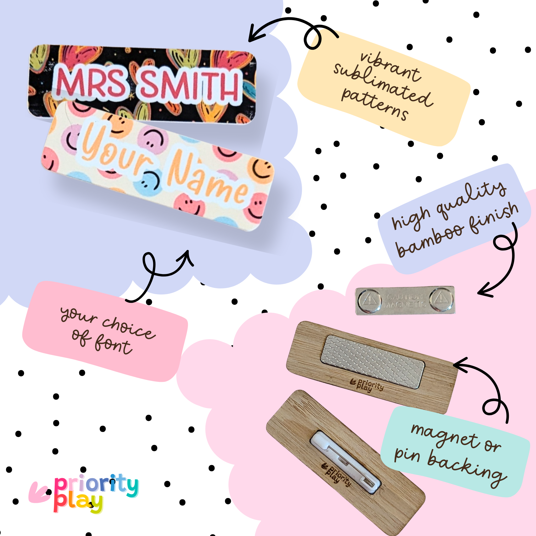 Personalised magnetic teacher name badges with vibrant sublimated designs and high-quality bamboo backing – available in multiple fonts and styles