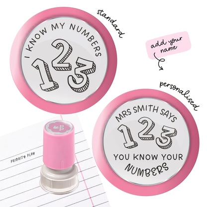 Maths teacher stamp with numbers and symbols and the phrase ‘I know my numbers!’
