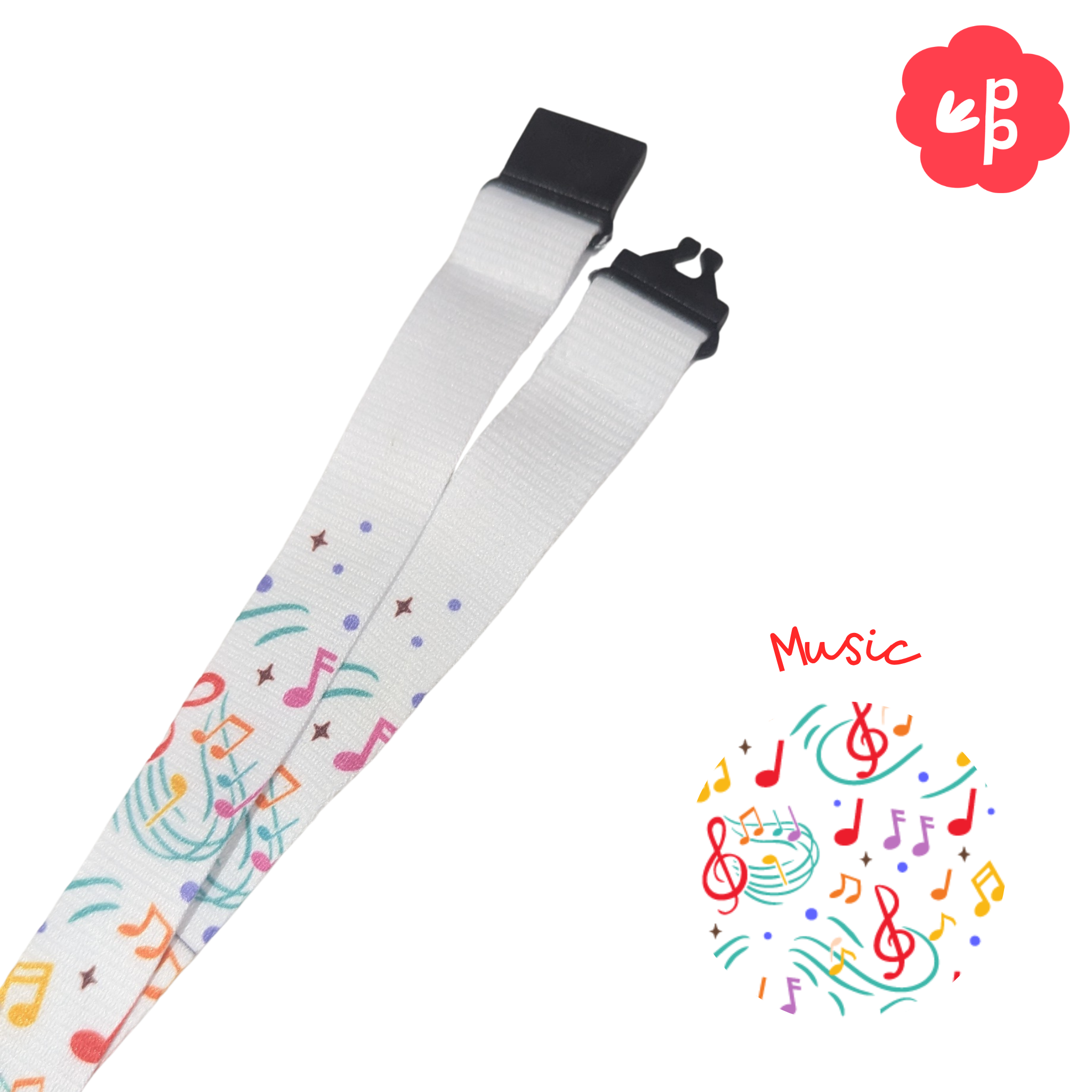 Lanyard with colorful music notes design on a white background and breakaway safety clasp.
