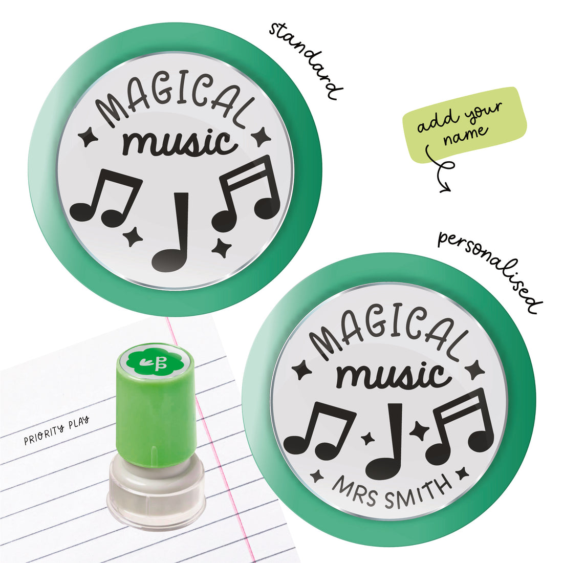Music teacher stamp with music notes and the phrase ‘Magical music!